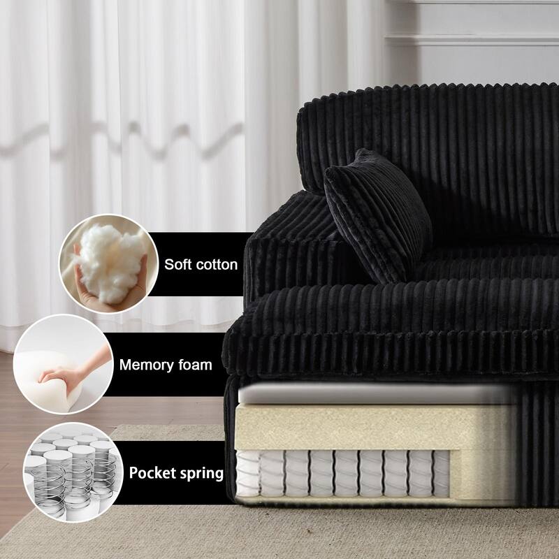 Double Chaise Lounge Chair, Corduroy, Black, No Assembly Required