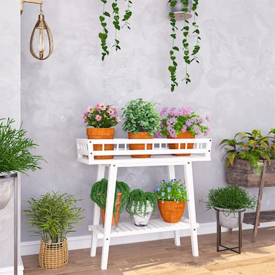 White Plant Stand Rectangle 2 Tier Modern Side Table with Display Shelf