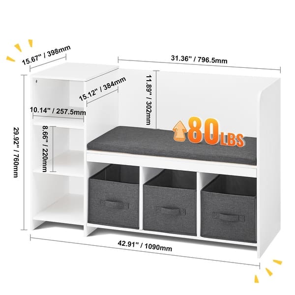 dimension image slide 1 of 2, White 6 Cubby Storage Organizer Kids Reading Nook Bench with Detachable Seat Cushion and 3 Drawers - 43.11” x 15.87” x 29.92”