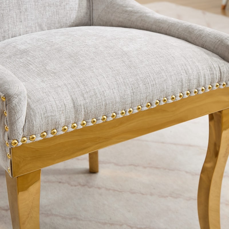 Chenille Dining Chairs, Modern Upholstered Accent Chair with Curved Gold-Plated Legs & Rivet Trim, Plush Fabric, Set of 2