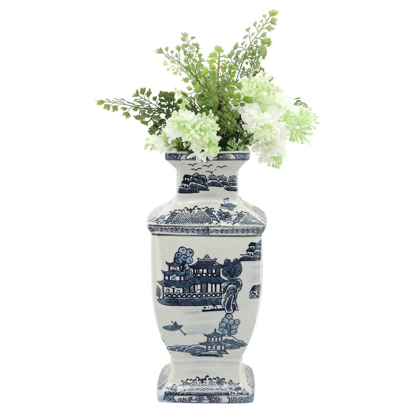 Oriental Ceramic Vase - 15" - Blue and White