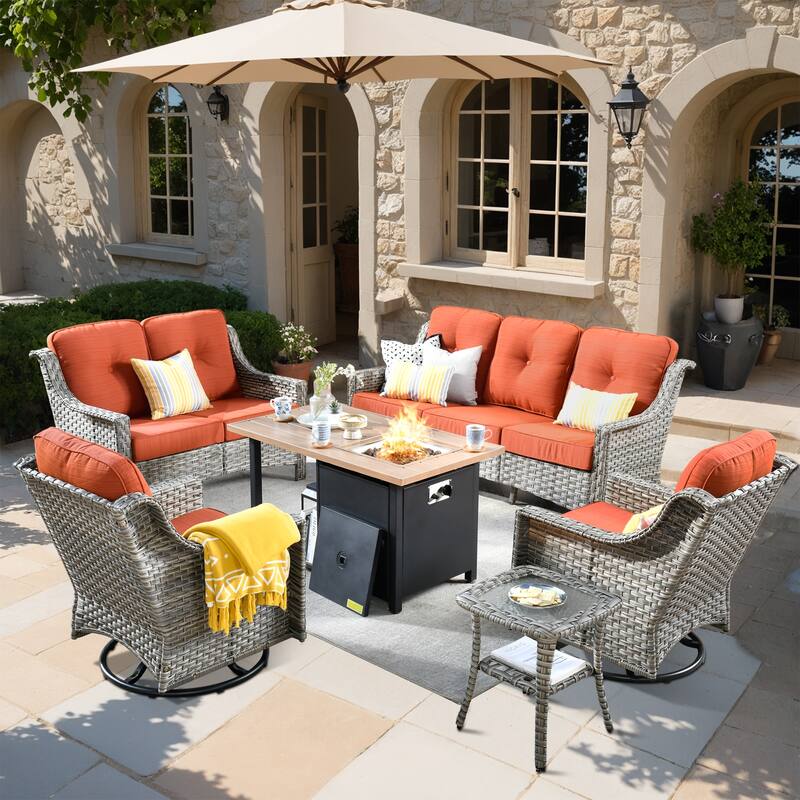 XIZZI 6-piece Outdoor High-back Furniture Swivel Chair Set with Fire Pit - Red/Orange