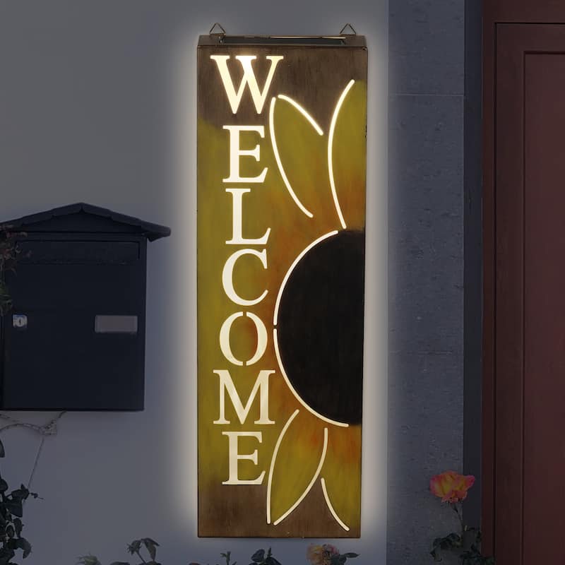 Exhart Hand Painted Solar Metal Sunflower Hanging Wall Art, 8 by 24.5 Inches