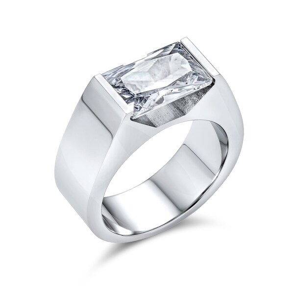 Stainless Steel Cut-out Geometric Flat Band Ring with Clear CZ