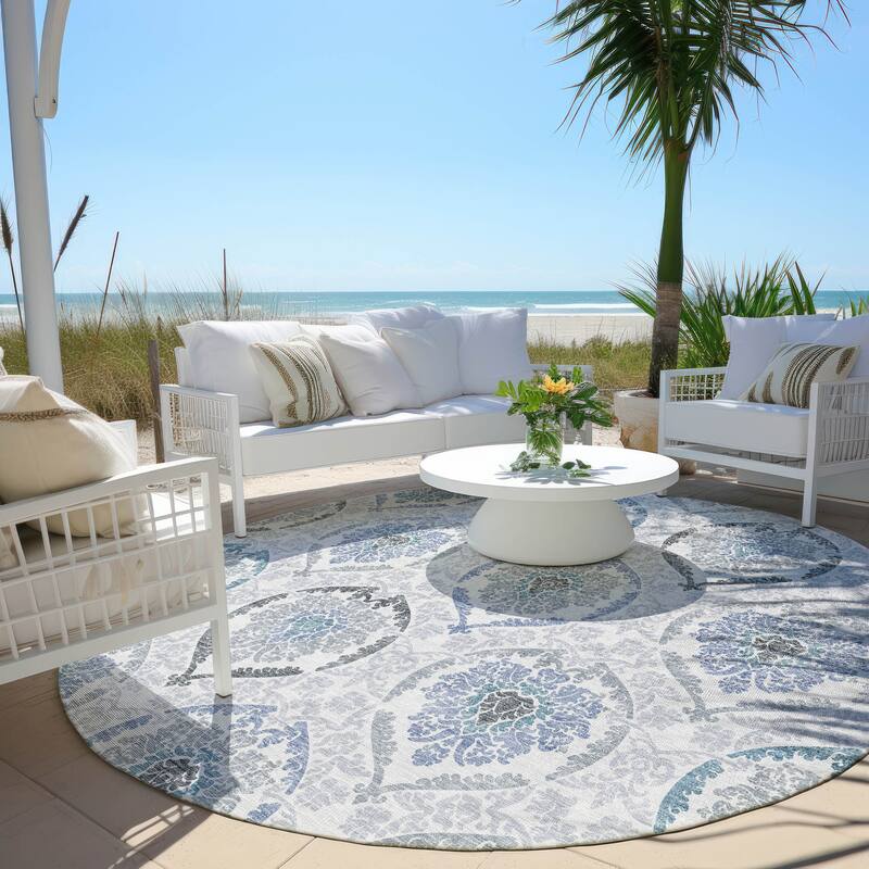 Machine Washable Indoor/ Outdoor Chantille Traditional Damask Rug - Blue - 8' x 8'