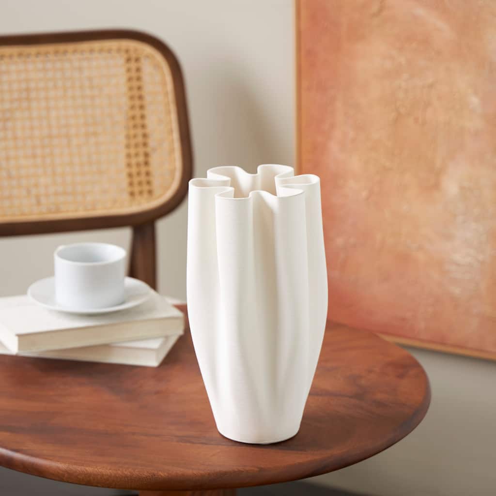 White Ceramic Ribbed Dimensional Folded Abstract Decorative Vase with Floral Shaped Rim