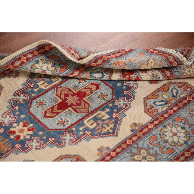 Ivory Geometric Kazak Oriental Accent Rug Handmade Wool Carpet - 3'5"x 4'11"