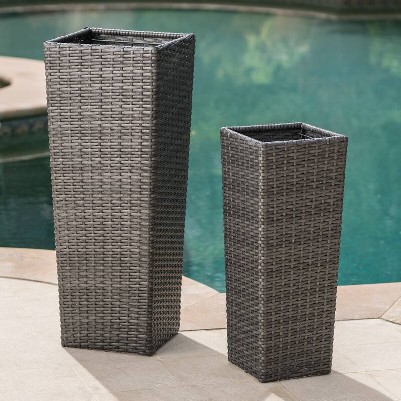 Outdoor Wicker Flower Pots 2-Pcs Set, Square Planter Box