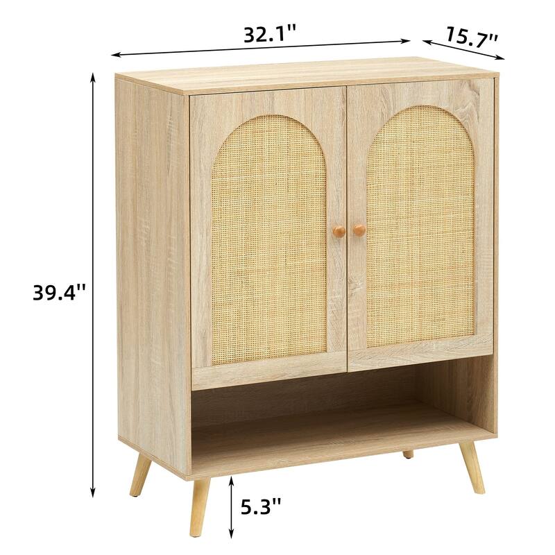 Ail 2 Doors Sideboard Buffet Cabinet Rattan Storage with 4-Tier Adjustable Shelves for Living Room - 15.7"W x 32.1"L x 39.4"H