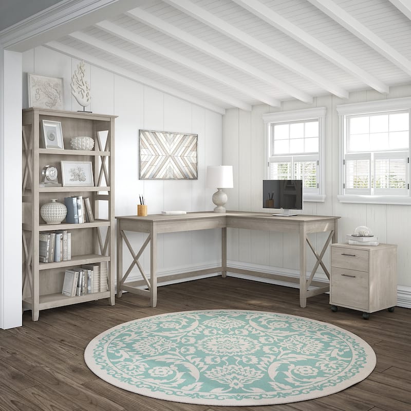 Key West 60W L Desk with File Cabinet and Bookcase by Bush Furniture - Washed Gray