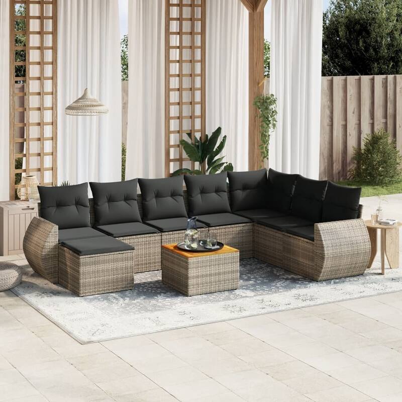 vidaXL Patio Sofa Set with Cushions Outdoor Furniture 9 Piece Poly Rattan - 21.7 x 21.7 x 14.6 - Gray Large