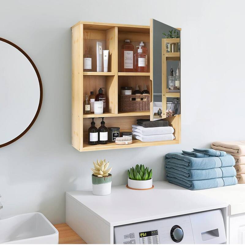 Medicine Cabinet Wall-Mounted Mirrored Bamboo Frame Storage Bathroom - 22"x24"x6.3"