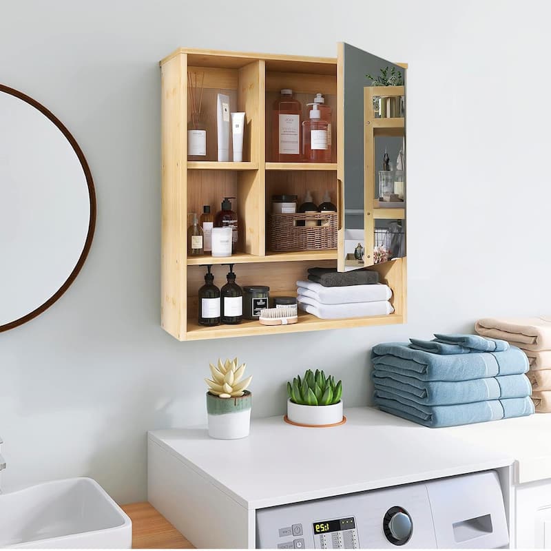 Wall Mounted Bamboo Bathroom Mirror Cabinet Storage Shelves with Door Right Open