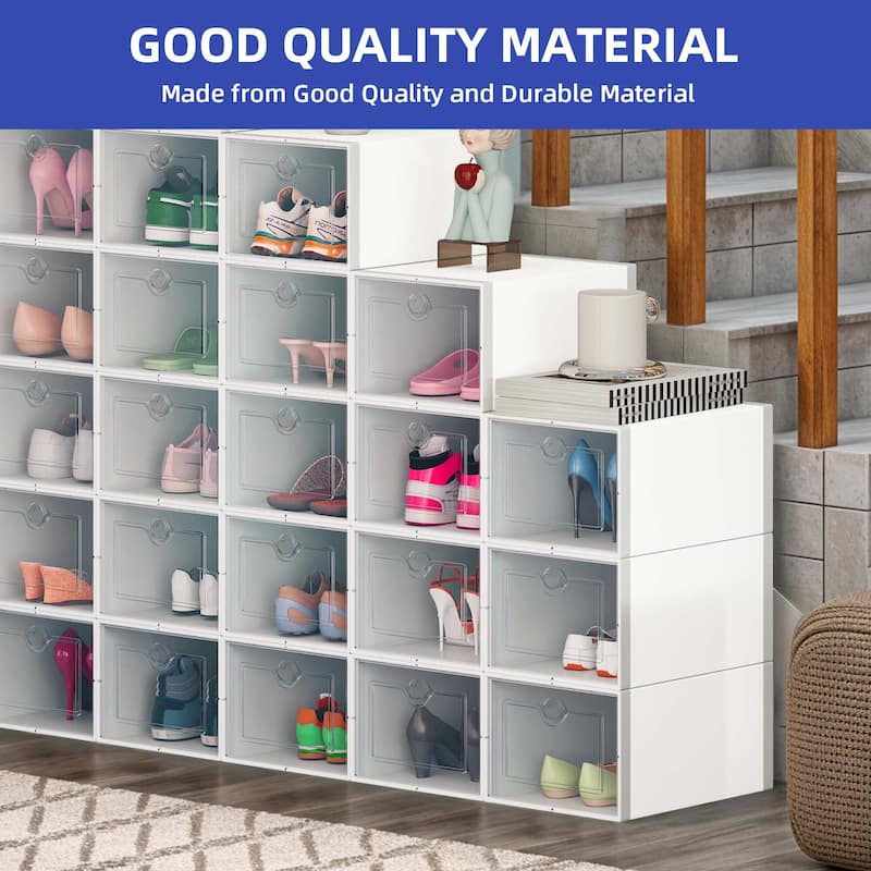 24 Pair Medium Size White Shoe Storage Box Clear Plastic Stackable Shoe Organizer - 24PCS