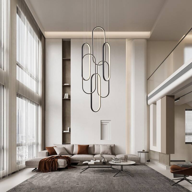 6 Rings Modern Chandelier, LED Black Large Contemporary Light for Staircase, Dimmable High Ceiling Chandeliers