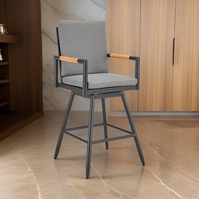 Razi 30 Inch Outdoor Swivel Barstool Chair, Black Aluminum, Gray Cushions