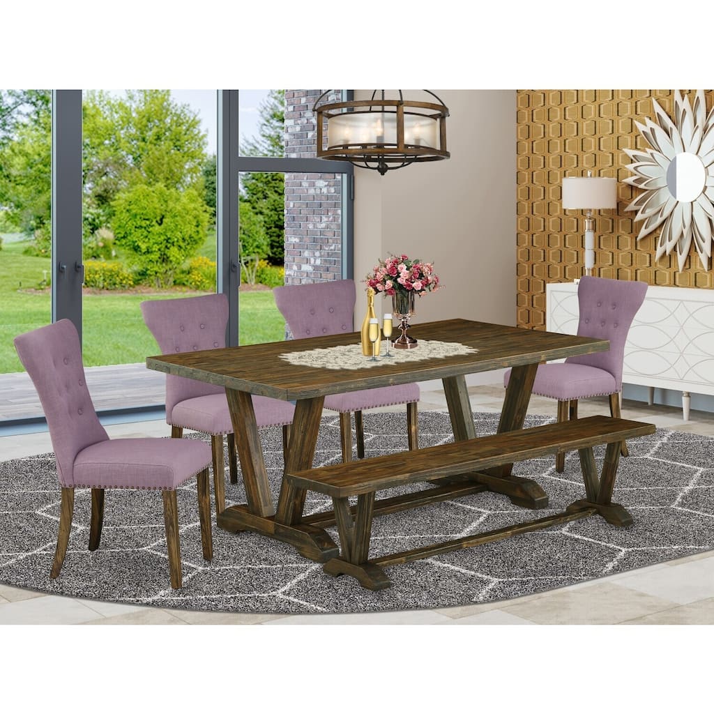 Country Cottage 6-Piece Kitchen Dining Set - Linen Fabric Chairs, Tufted Backs, Wood Table & Bench