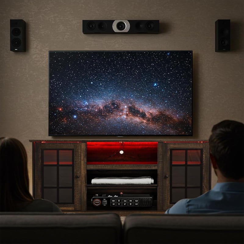 EROMMY TV Stand for 65 Inch TV, Entertainment Center with LED Lights, Storage & Power Outlets, Media Console for Living Room