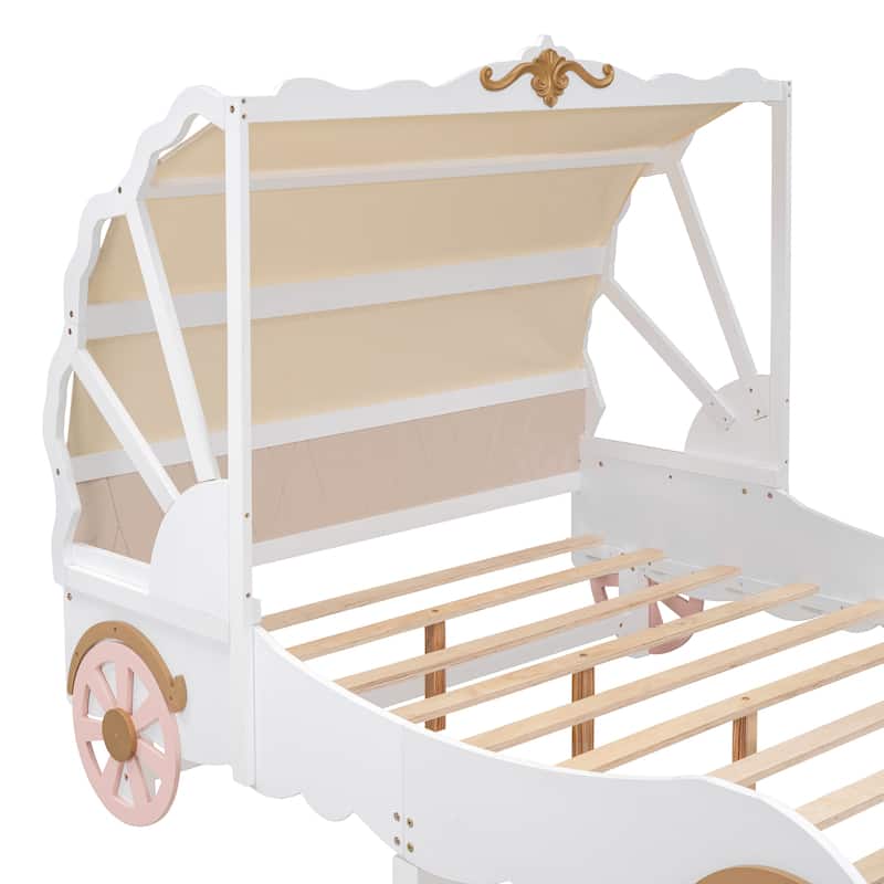 Full Size Princess Carriage Bed, Canopy Wood Platform Car Bed Frame