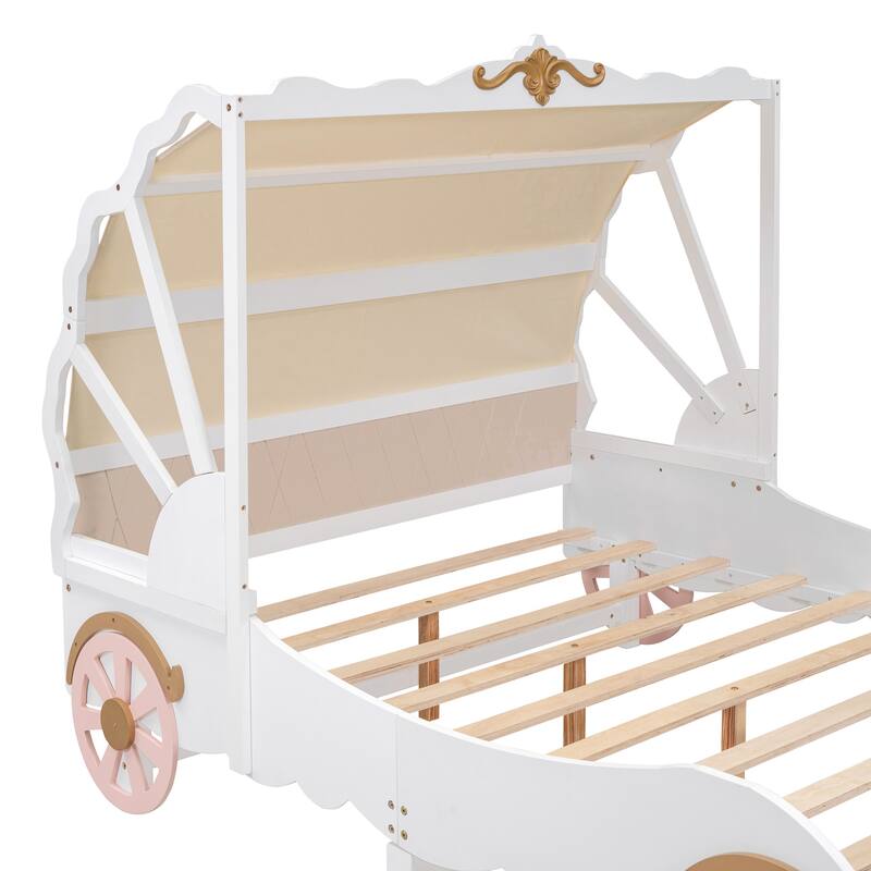 Full Size Princess Carriage Bed, Canopy Wood Platform Car Bed Frame