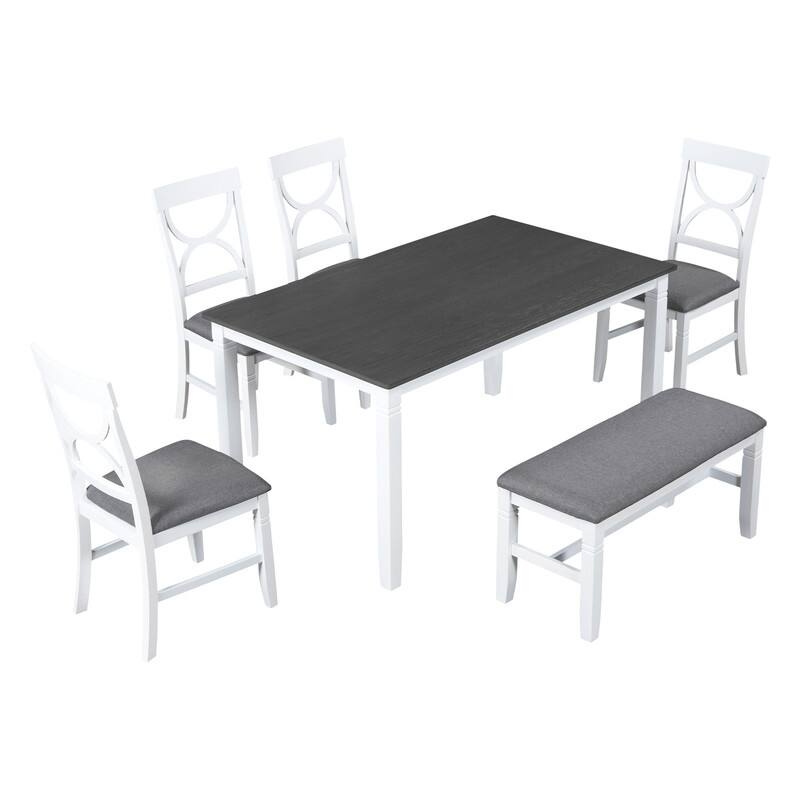 6-Piece Wood Dining Table Set Kitchen Table Set with Upholstered Bench and 4 Dining Chairs