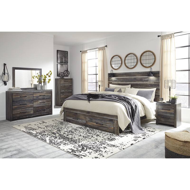 Drystan Rustic Brown Panel Bed with Footboard Storage Drawers
