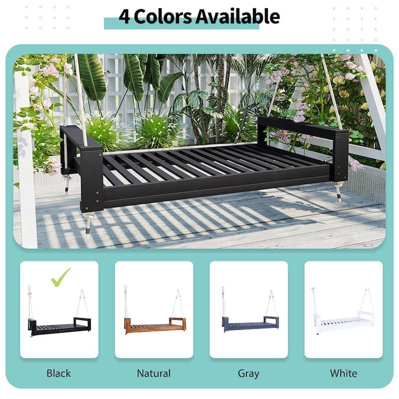 Twin Size Acacia Wood Porch Swing Bed with Hemp Ropes, Outdoor Hanging Daybed Frame for Patio, Garden or Backyard Retreat