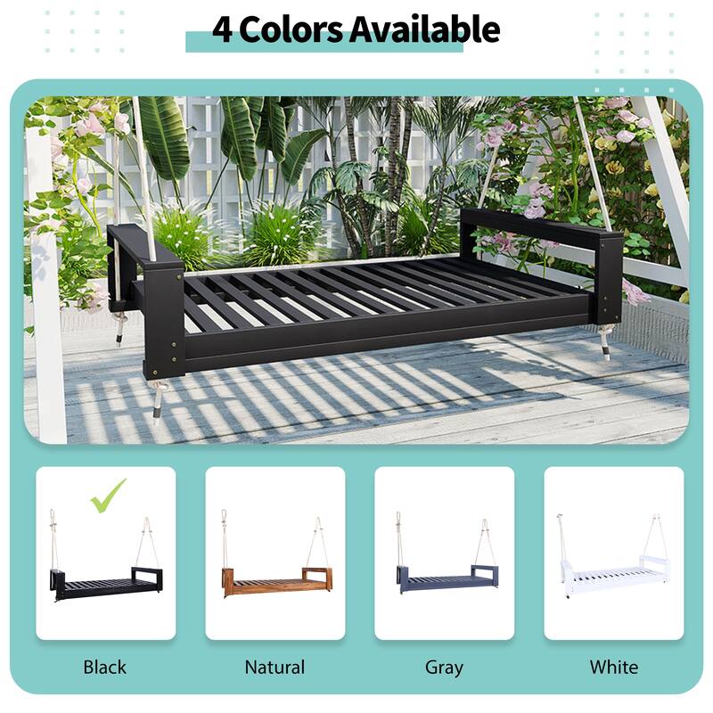 Twin Size Porch Swing Bed Seating Group, Patio Acacia Wood Swing Frame with Hemp Ropes for Garden