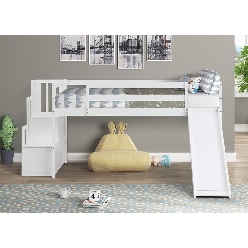 Loft Bed with Staircase, Storage, Slide, Twin size, Fulllength Safety