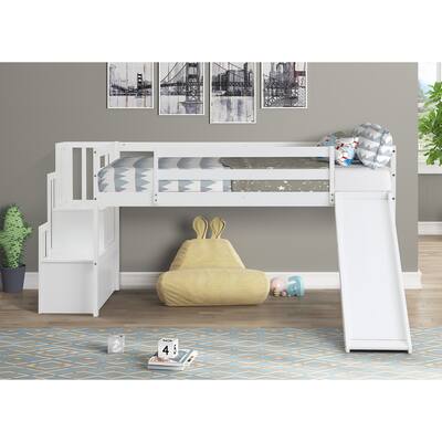 Loft Bed with Staircase, Storage, Slide, Twin size, Full-length Safety Guardrails