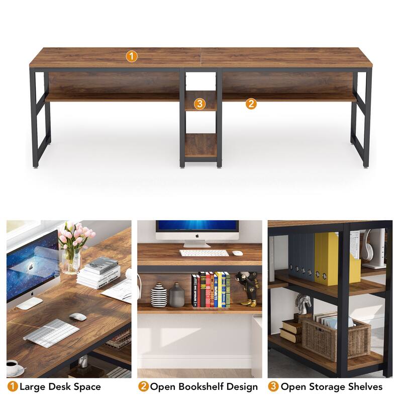 78.7" Two Person Desk with Bookshelf, Office Double Desk for Two Person