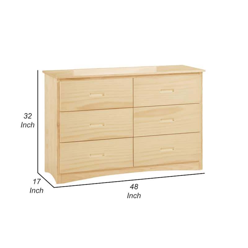Catherine 48 Inch Kids Dresser, 6 Drawers, Natural Pine Brown Wood Finish