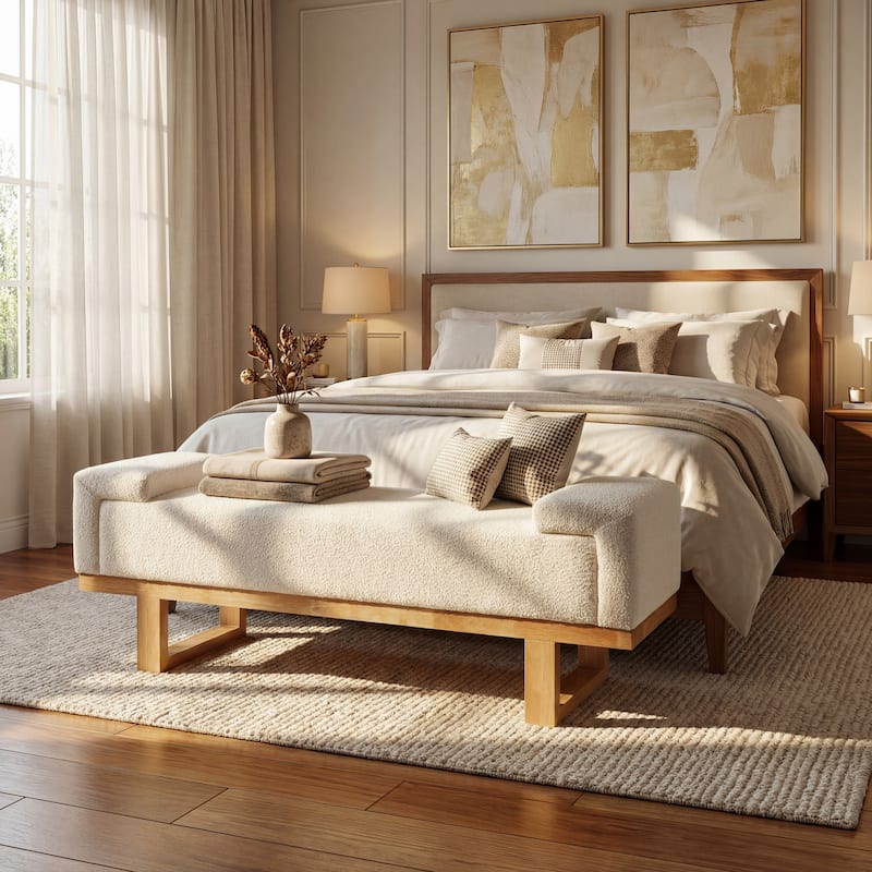 Christopher Knight Home - Modern Upholstered Ottoman Bench with Rubberwood Legs - Ivory,Natural Wood