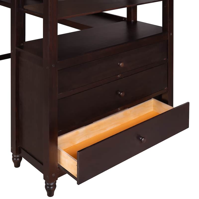 Twin Size Loft Bed Kids Bed Frame Wooden Storage Bed with Desk, Shelves, Pull-out Drawers, Ladder and Guardrail