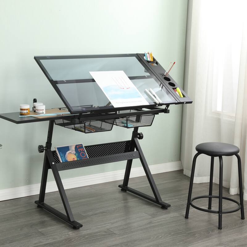 black adjustable tempered glass drafting printing table with chair