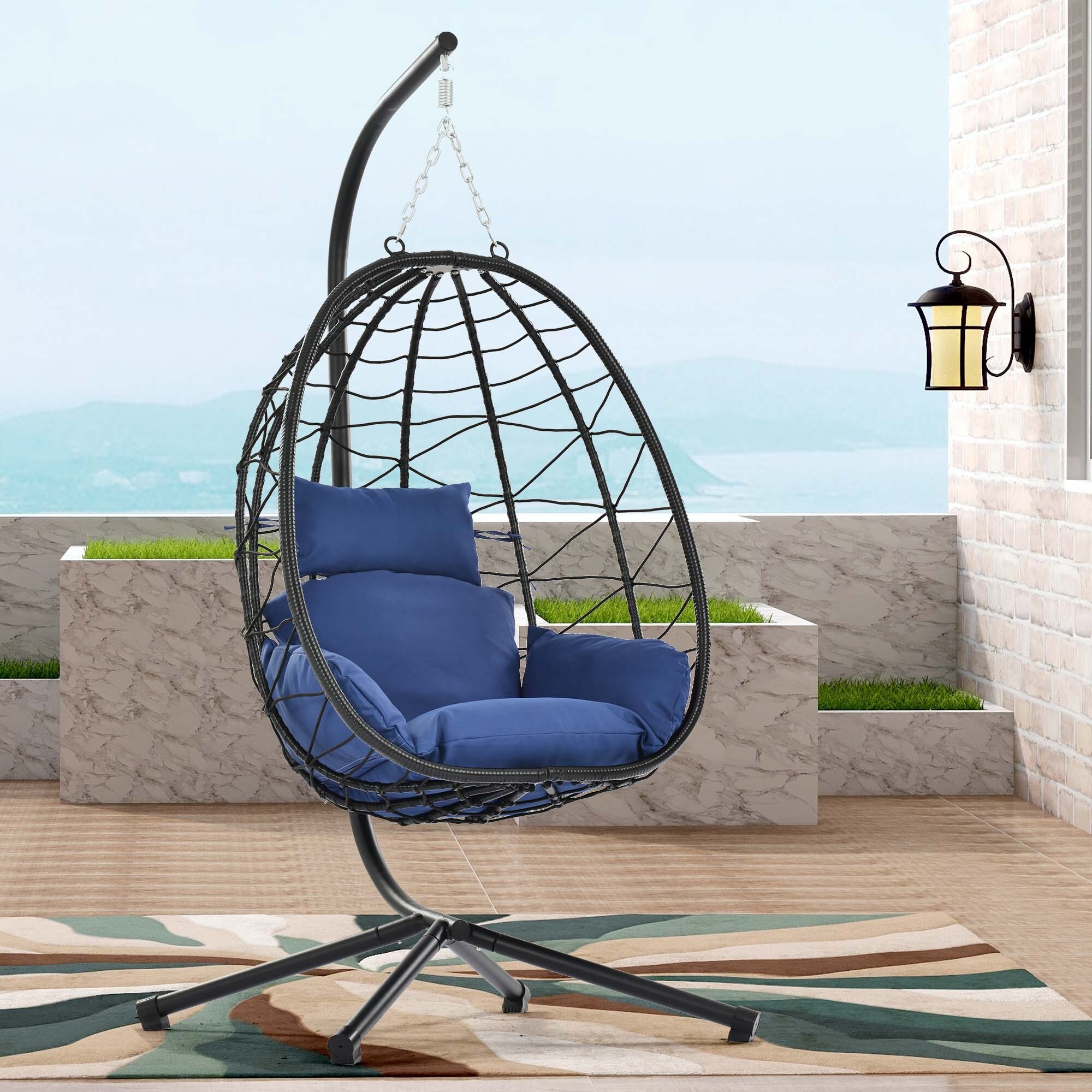 Indoor Outdoor Swing Chair with Stand for Bedroom Living Room Balcony Black Rattan Basket Cream Cushion