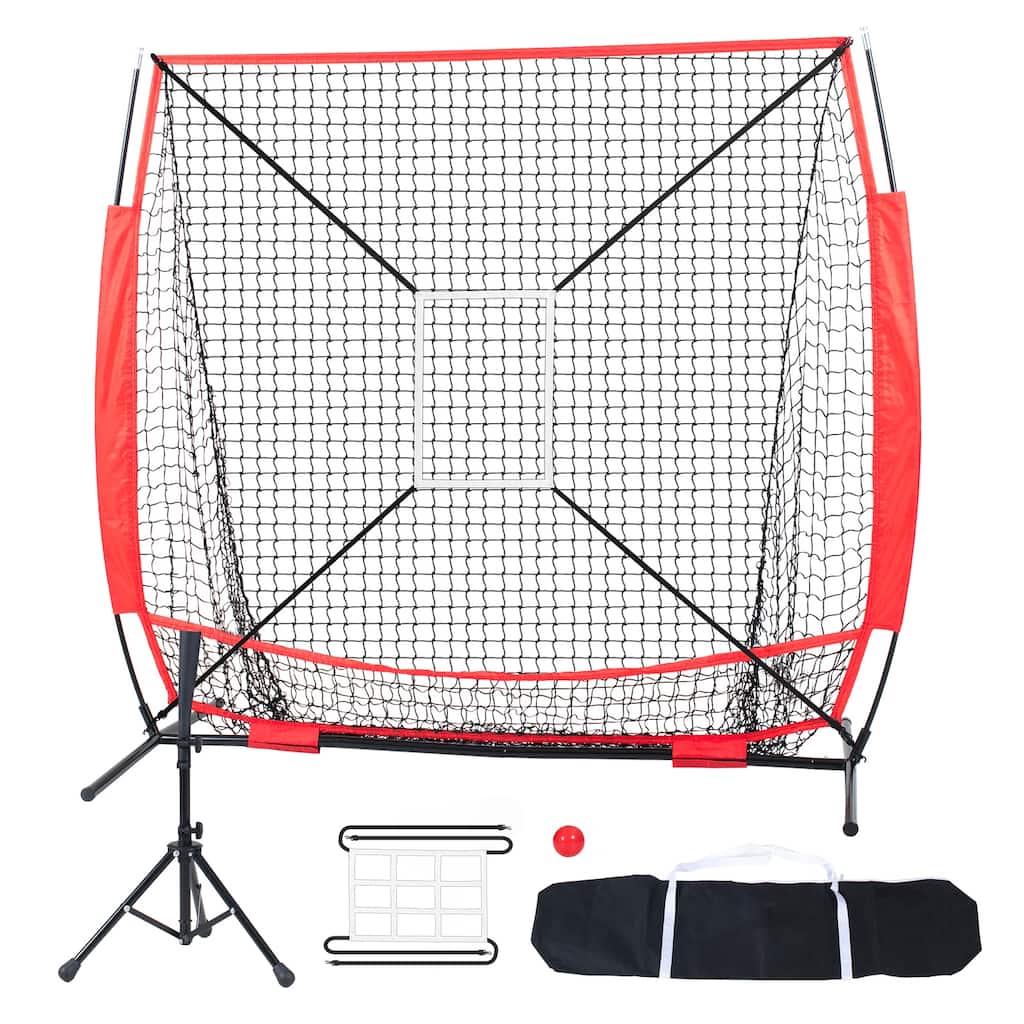 5x5 ft Baseball Softball Practice Net with Bow Frame, Carry Bag, Strike Zone, Ball, Batting Tee - 5*5 feet