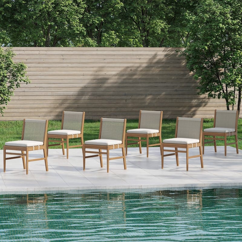 Kayden Outdoor Dining Chair or Bar Stool, Porch Chair with Solid Wood Acacia Wood Frame, Foam Cushion and Woven Rope Backrest - Dining Chair - Set of 6