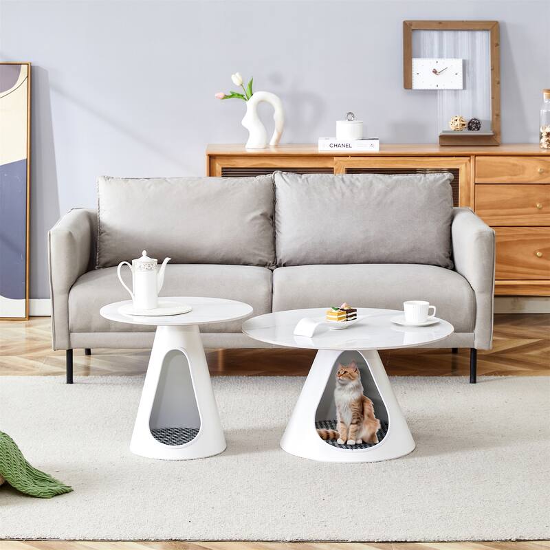 2-Piece Round Metal Side Table Set with Cat Beds - White