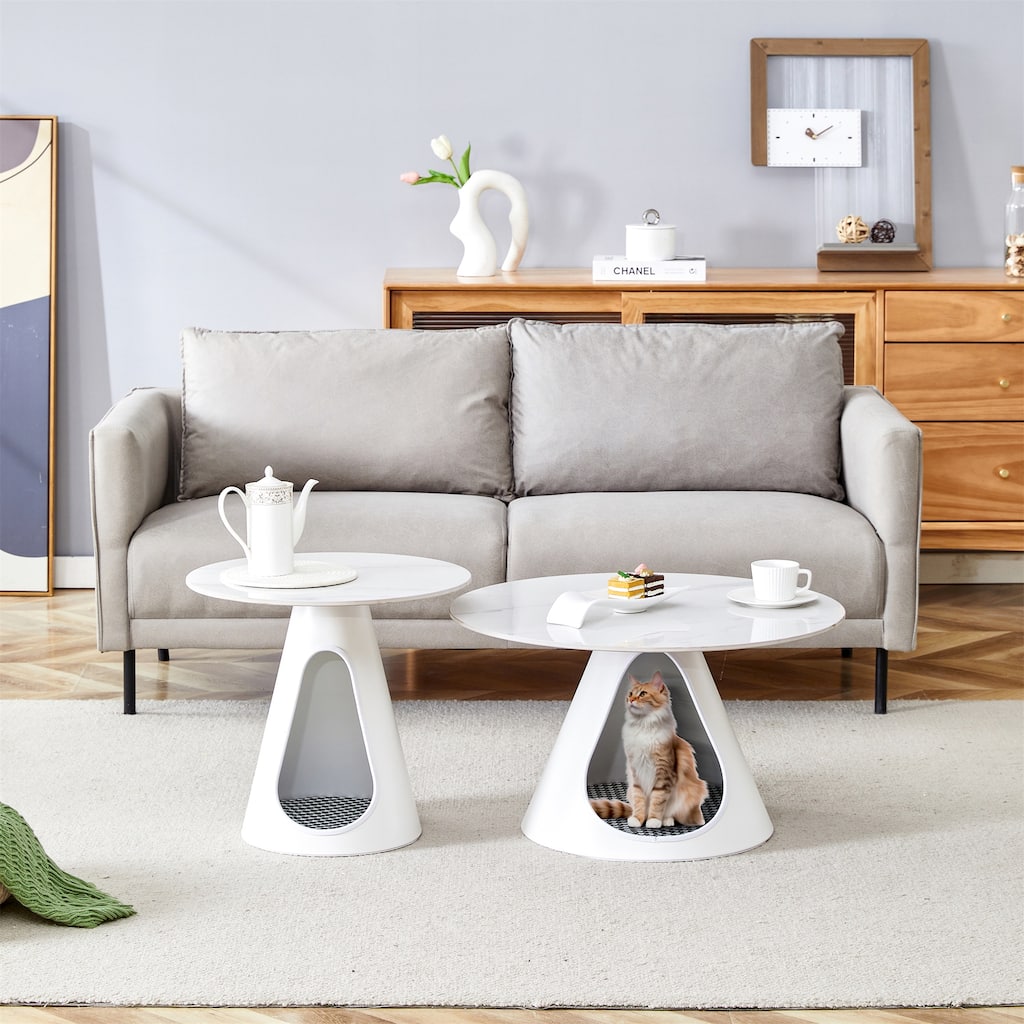 2-Piece Round Metal Side Table Set with Cat Beds
