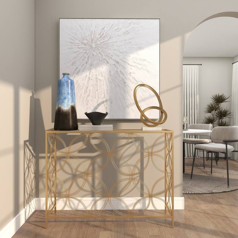 Gold Metal Open Style Quatrefoil Frame Geometric Console Table with Glass Top