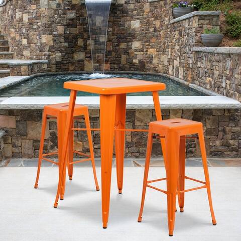 23.75'' Square Metal Indoor-Outdoor Bar Table Set with 2 Square Seat Stools - 27.75"W x 27.75"D x 40"H