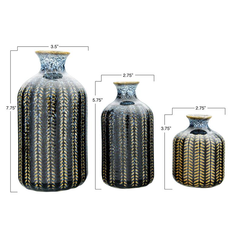 Embossed Stoneware Vase with Vertical Lines and Reactive Glaze Finish