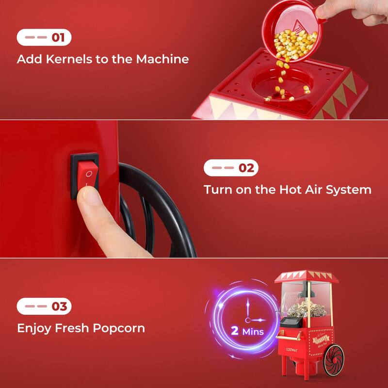 Costway Retro Hot Air Popcorn Maker 1200W, Oil-Free & Fat-Free, Makes - See Details