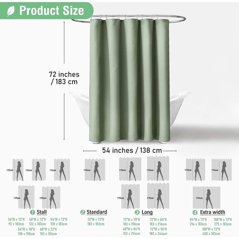 Waffle Textured Heavy Duty Thick Fabric Shower Curtain, Luxury Weighted Polyester Fabric Shower Curtain Set