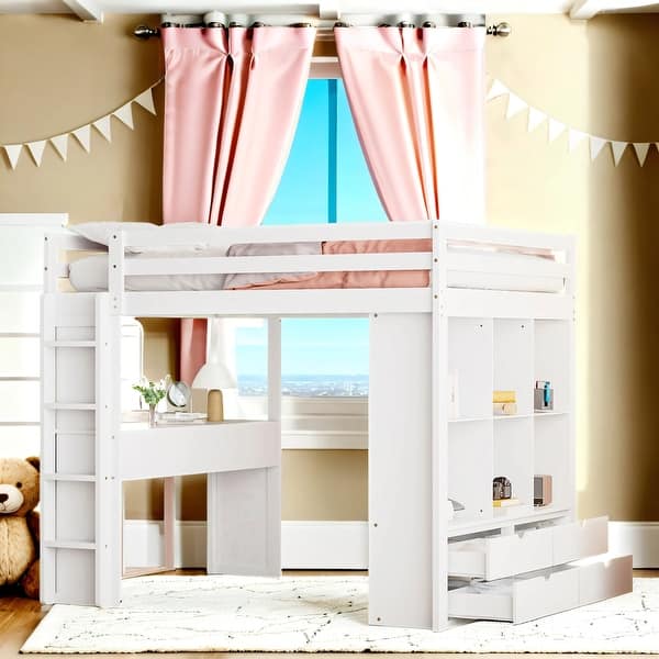 slide 2 of 14, Eye-Catching Design Full Size Loft Bed with Large Shelves, Writing Desk and Led Light White