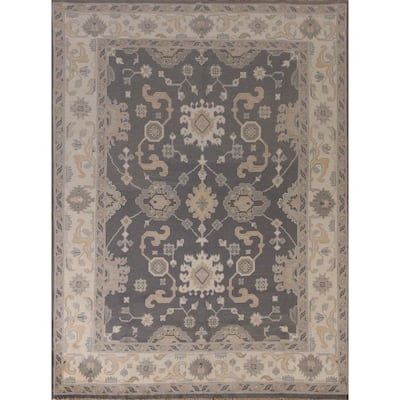 Gray Geometric Oushak Indian Area Rug Handmade Wool Carpet - 8'1" x 9'11"