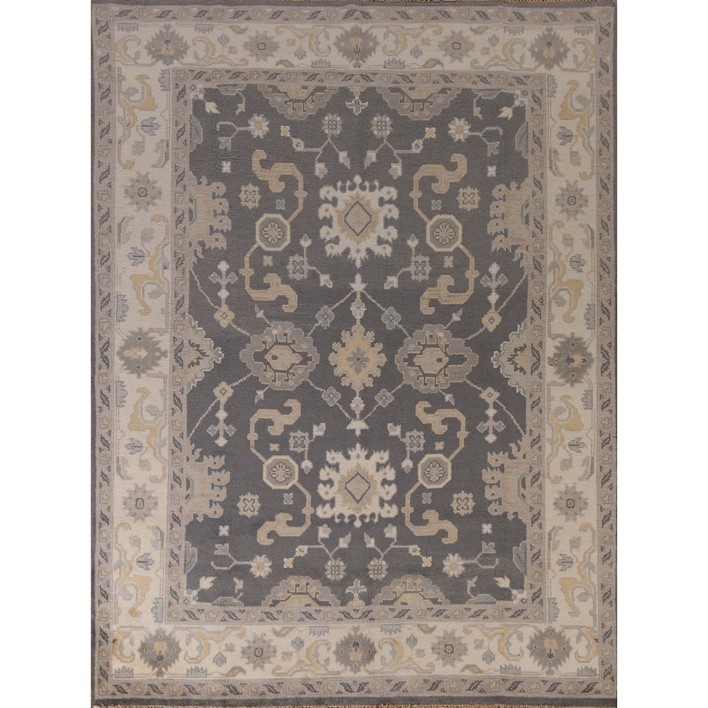 Gray Geometric Oushak Indian Area Rug Handmade Wool Carpet - 8'1" x 9'11"