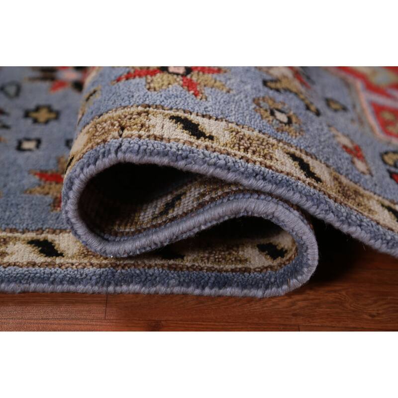 Hand Knotted Oriental 100% Wool Carpet Traditional Geometric Navy Blue & Blues Heriz (serapi) Runner Rug - 7' 6'' X 2' 7''