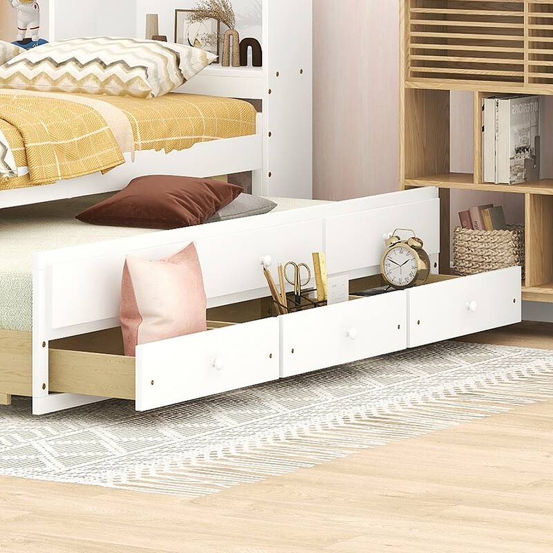 Full Size Bed with USB & TypeC Ports, LED light, Bookcase Headboard, Trundle and 3 Storage